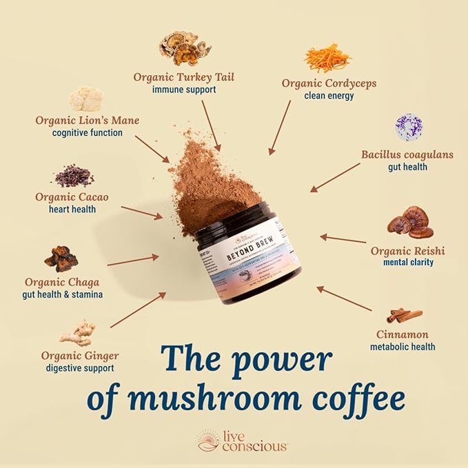Live Conscious Beyond Brew - Superfood Coffee Alternative - Low Caffeine - Lion’s Mane, Reishi, Cordyceps & Chaga for Sustained Focus, Energy & Immunity - w/ Prebiotics & Probiotics Supports Gut Health 6 oz (2-Pack)