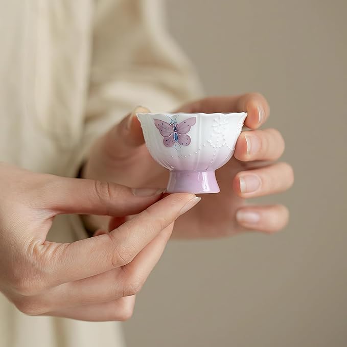 KAMMAK Tea Cup, 1.3oz Mini Porcelain Tea Cups Set of 2, Ceramic Teacups with Short Stem, Cute Teacup Set for Home, Tea Party, Chinese Kungfu Tea Set for Hot/Cold Drink (Purple Curtain Butterfly)