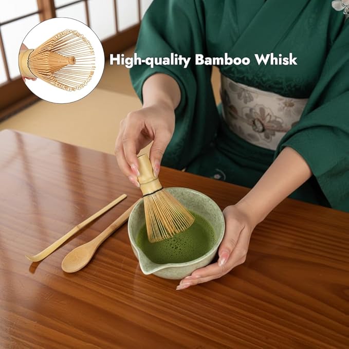 Matcha Whisk Set, 6 PCS Matcha Set-Ceramic Bowl, Whisk and Holder, Scoop, Spoon & Sifter, Complete Tea Ceremony Kit Set, Gift Box for Matcha Lovers, Birthday (Mottled Tea Green)