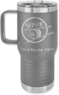 20oz Vacuum Insulated Travel Mug with Handle, Sushi, Personalized Engraving Included (Gray)