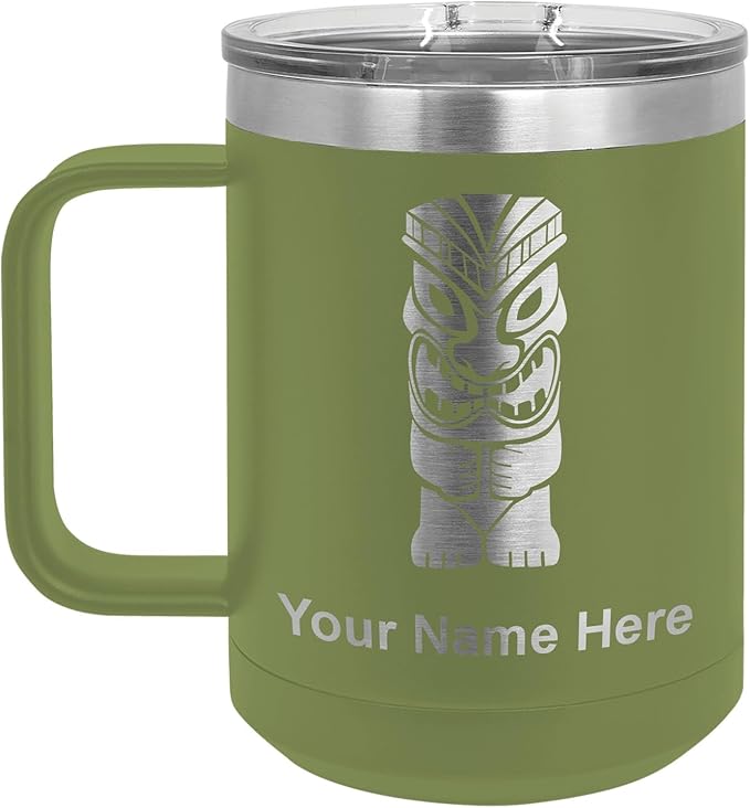 LaserGram 15oz Vacuum Insulated Coffee Mug, Tiki Statue, Personalized Engraving Included (Camo Green)