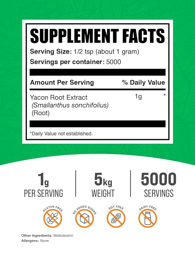 BulkSupplements.com Yacon Root Extract Powder - Sugar Substitute, Natural Fiber Sweetener - Gluten Free, 1g per Serving, 1kg (2.2 lbs) (Pack of 5)