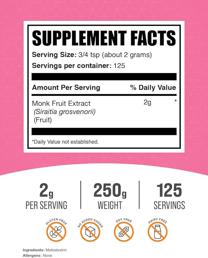 BulkSupplements.com Monk Fruit Extract Powder - Luo Han Guo Extract, Monk Fruit Without Erythritol - 125 Servings, Gluten Free, 2g per Serving, 250g (8.8 oz) (Pack of 1)