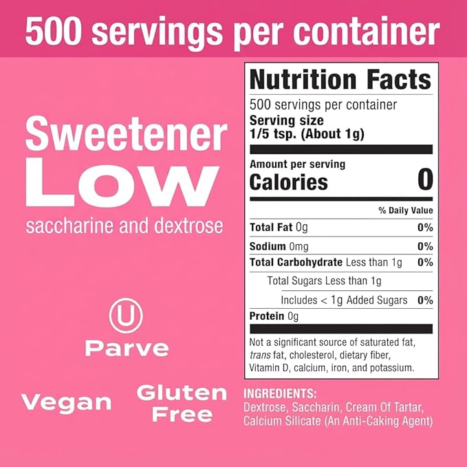 Zero Calorie Sweetener – 500 Count. A Pink Sweetener with Saccharin, No Aftertaste. Perfect for Coffee, Tea, and Baking. A Keto-Friendly, Vegan, and Gluten-Free Sugar Substitute for a Healthy Lifestyle.