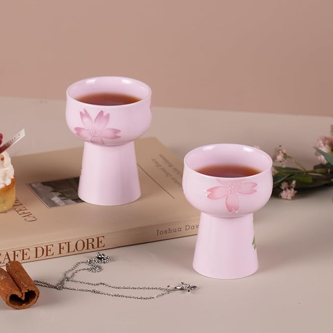 KAMMAK Tea Cups, Porelain Tea Cup Set of 2, 1.8oz Small Ceramic Teacups for Home, Tea Party, Chinese Kungfu Tet Set for Hot/Cold Drink (Pink Cherry Blossoms)