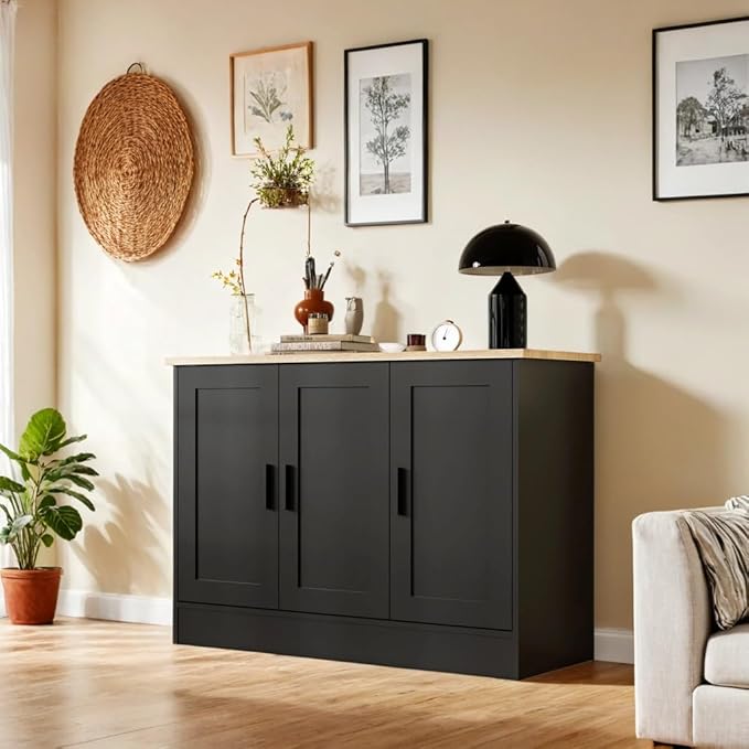 Anystyle 43" Black Buffet Cabinet with Black Handles, Small Kitchen Sideboard with 3 Doors & Adjustable Shelves, Modern Entryway Credenza & TV Console Table for Living Room, Dining Room
