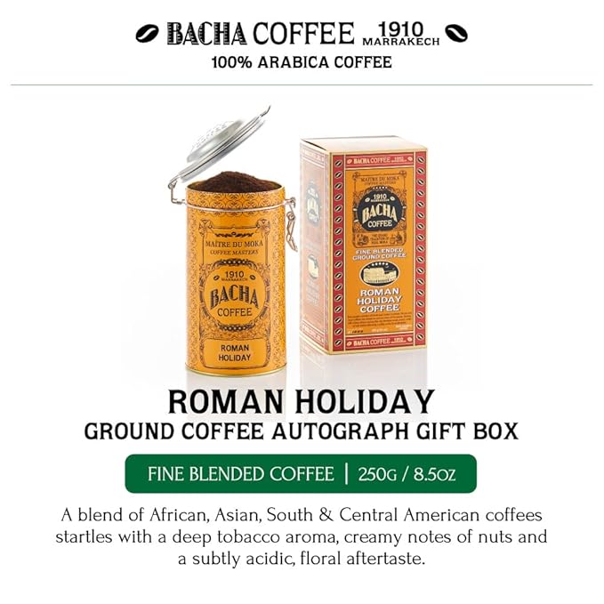 Bacha Coffee | Roman Holiday Fine Blended Coffee, Autograph Collection, 100% Arabica Specialty Coffee, Ground Beans, Medium Light Roast, 250g & 100% Natural Unbleached Wood Fibre Paper Filters, Large