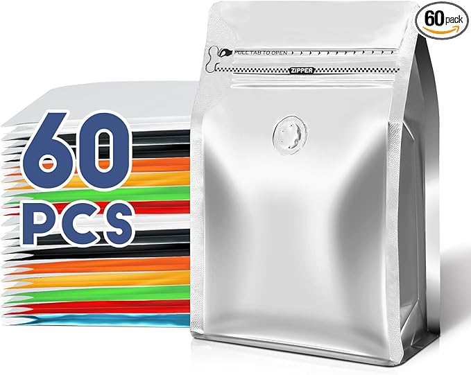 Coffee Bags with Valve(60pcs,8 oz,1/2 lb) Vented Coffee Beans Packaging Bags High Barrier Aluminumed Foil Flat Bottom Heat Sealed Side Zipper Resealable Storage Bag for Home or Business（Silver）