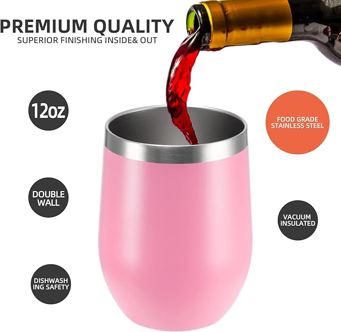 12 oz Insulated Wine Tumbler with Lid and Straw,Stainless Steel Stemless Wine Tumbler Glasses 16 Packs Double Wall Vacuum Wine Cups Tumbler Bulk for Champaign,Beer,Cocktail,Office,16 Colors