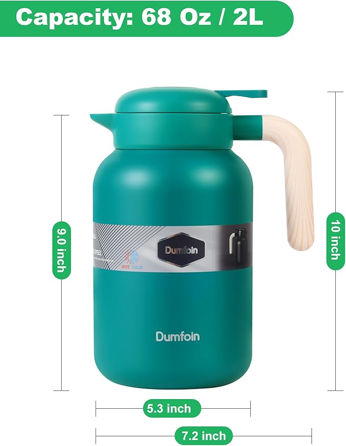 68 Oz Thermal Coffee Carafe, Stainless Steel Insulated Vacuum Coffee Carafes For Keeping Hot, 2 Liter Beverage Dispenser (Green)