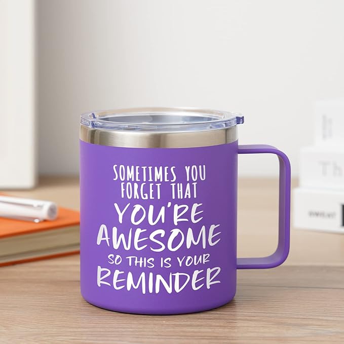 NOWWISH Inspirational 14oz Purple Mug with Handle, Sometimes You Forget You're Awesome Stocking Stuffer for Women, Unique Christmas Birthday Gifts for Her, Mom, Daughter, Wife
