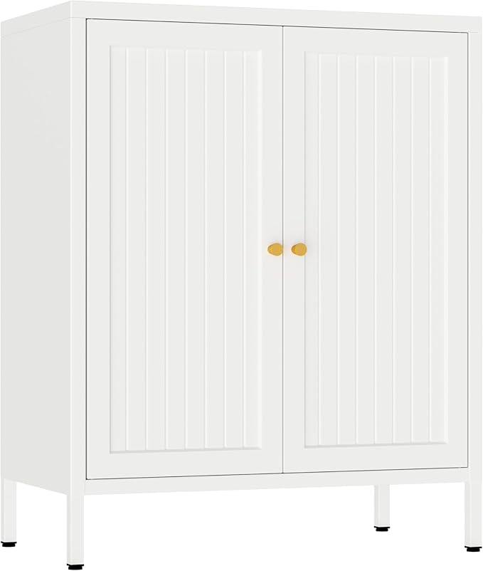 Small 2 Transparent Door Metal Storage Side Buffet Cabinet for Bed Room,Living Room,Entryway,Hallway,Home,Hotel,Office,Garage,Kitchen,1 Removable Shelf. (Striped Door, White)