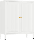 Small 2 Transparent Door Metal Storage Side Buffet Cabinet for Bed Room,Living Room,Entryway,Hallway,Home,Hotel,Office,Garage,Kitchen,1 Removable Shelf. (Striped Door, White)