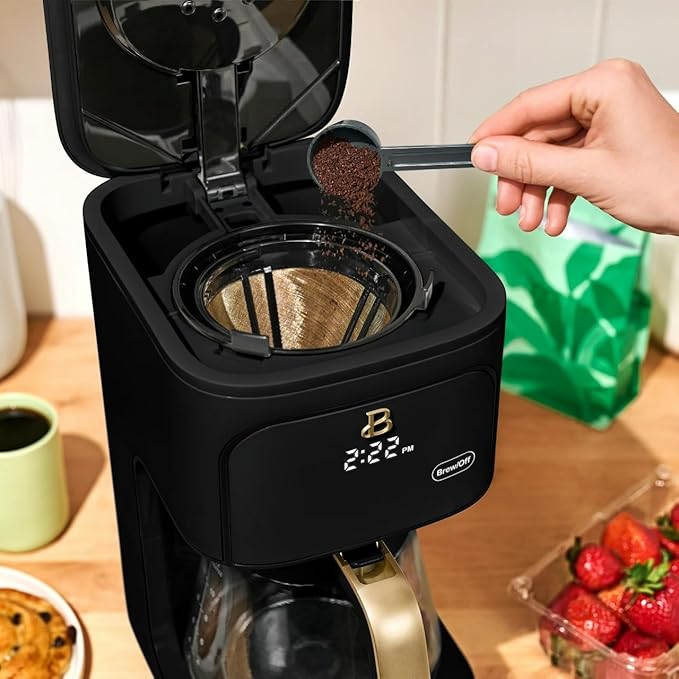 Beautiful 12 Cup Programmable Coffee Maker, Drip Coffee Machine with Glass Carafe, Automatic Brew Strength Control, Espresso Maker Function, Compact Espresso Machine (Black Sesame)