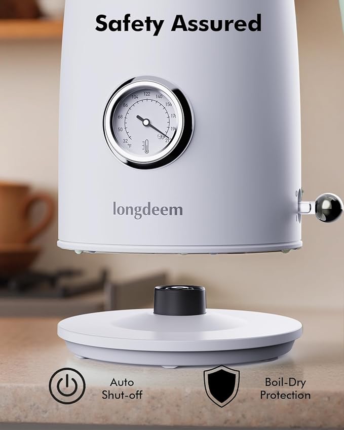 Retro Electric Tea Kettle 1L, Stainless Steel Water Boiler with Built-in Thermometer, BPA-Free, Fast Boil, Auto Shut-Off, Perfect for Home, Office, Dorm, Pure Water, Drip-Free Spout, White
