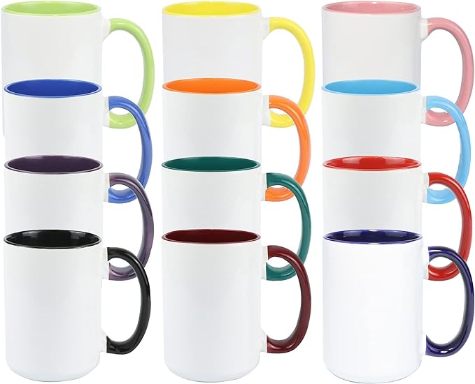 Sublimation Coffee Mug, sublimation cups 15oz, Ceramic mugs, 12 Assorted Colors, Case of 12