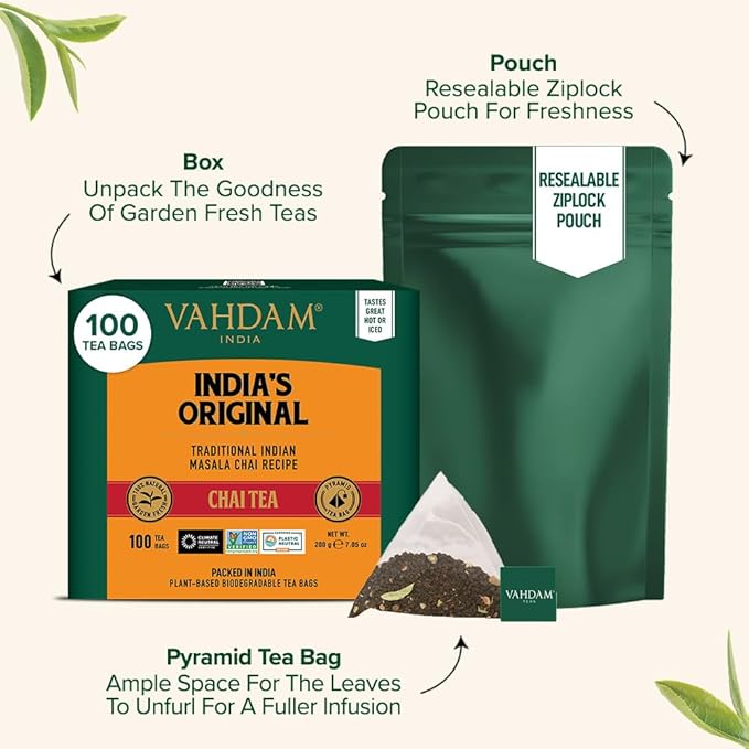 VAHDAM, India's Original Masala Chai Tea Bags (100 Count) No Added Flavoring | Blended w/Exotic Spices | Whole Leaf Tea Bags | Resealable Ziplock Pouch