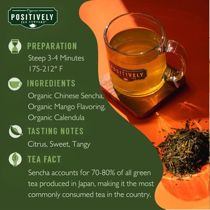 Organic Positively Tea Company, Mango Green Tea Bags, 100 Count, Eco-Friendly Tea Bags, Non-GMO