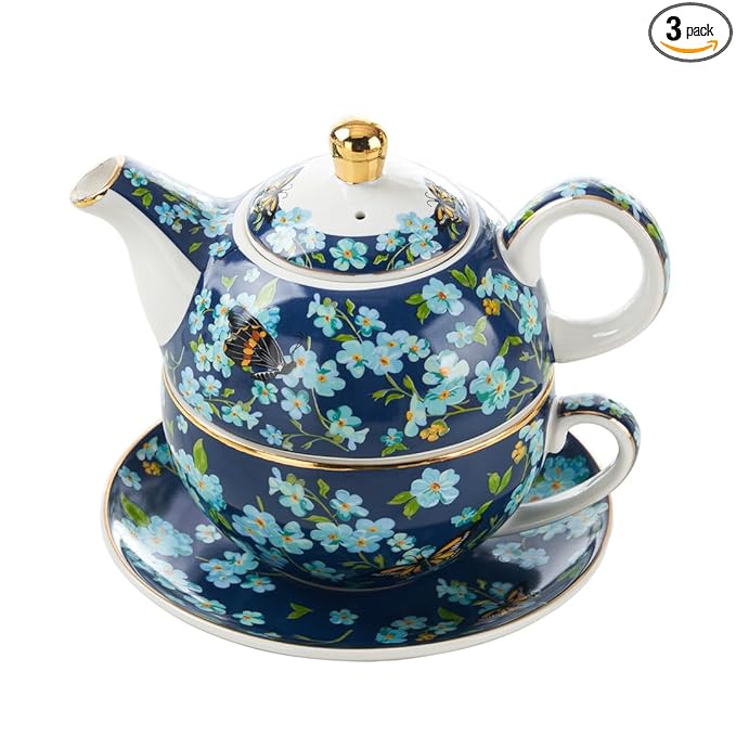 Tea for One Porcelain Teapot and Cup Set, Tea Set for One, Floral Teapot, Tea Set Gift for Women, Butterfly Blue