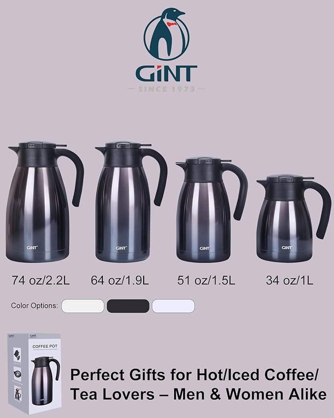 GiNT 51Oz Stainless Steel Thermal Coffee Carafe with Lid/Double Walled Vacuum Thermal Carafe / 12 Hour Heat Retention (Purple, 1.5L)