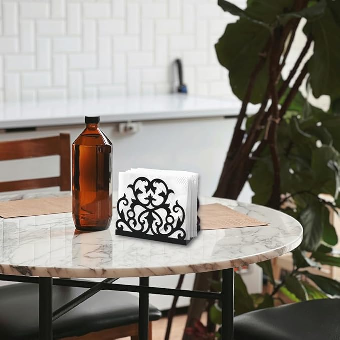 Damask Scrollwork Decorative Black Metal Napkin Holder for Table, 4.9" x 4.3" x 1.9" Scrollwork Standing Napkin Holder for Home Kitchen Restaurant Picnic Party Coffee Bar Dining Room