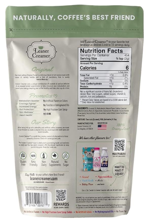 Leaner Creamer Coconut Creamer with Superfood Ingredients – Non-Dairy, Sugar-Free, Keto, Gluten-Free Powdered Coffee Creamer – Classic Original – 32oz