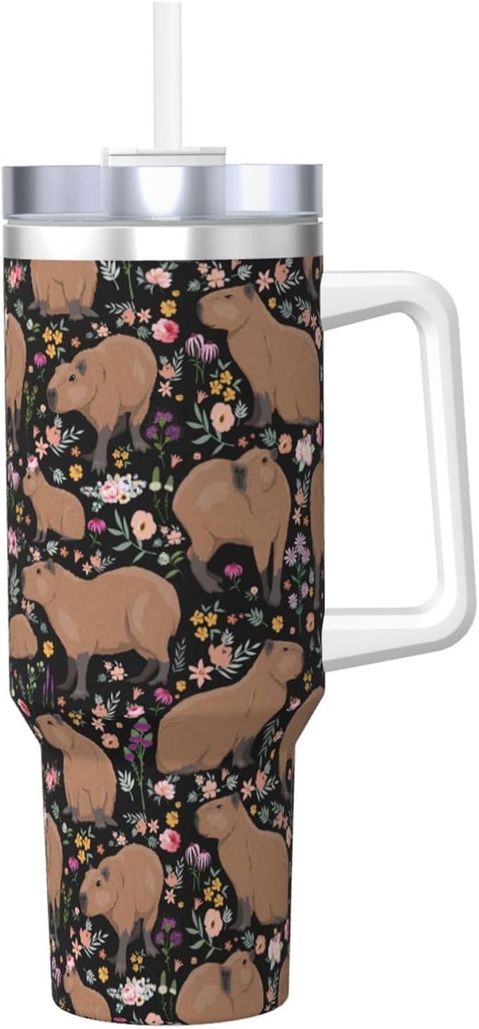 Capybara Gifts Capybara Tumbler Cute Water Bottle Cups for Girls, Teens, Women, Men Stainless Steel Vacuum Insulated 40oz Tumbler with Lid and Straw for Water, Iced Tea or Coffee, Black