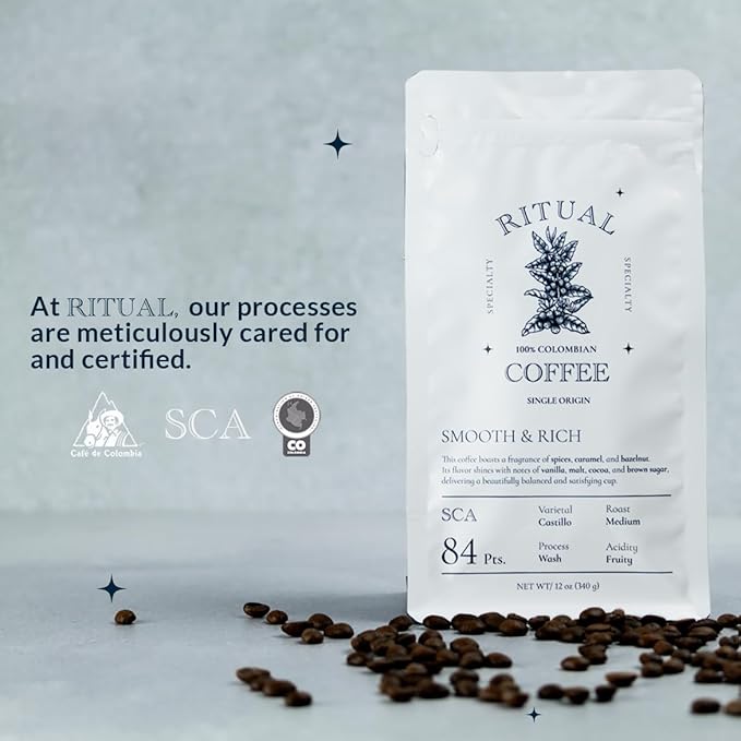 Ritual Specialty Coffee - Colombian Single Origin Whole Bean Gourmet, Smooth & Rich Profile, 84+ SCA Score (Caramel, Vanilla & Cocoa), Medium Roast - 12oz (340g) 100% Castillo Variety