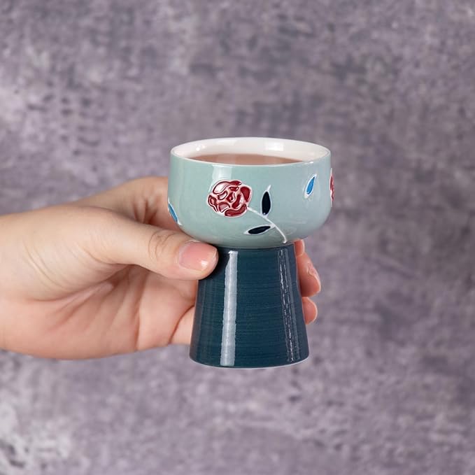 KAMMAK Tea Cup Set of 2 Small Tea Cups 2.1oz Blue Porcelain Tea Cup Set, Asian Ceramic Teacups for Home, Party, Office, Chinese Kung Fu Tea Set for Hot/Cold Drink (Mingji Mountain)