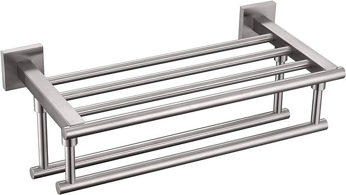 KOKOSIRI Towel Shelf with Double Towel Bars 16 Inches Bathroom Towel Rack Towel Holder Wall Mounted Stainless Steel, Brushed Nickel, B6005BR-L16