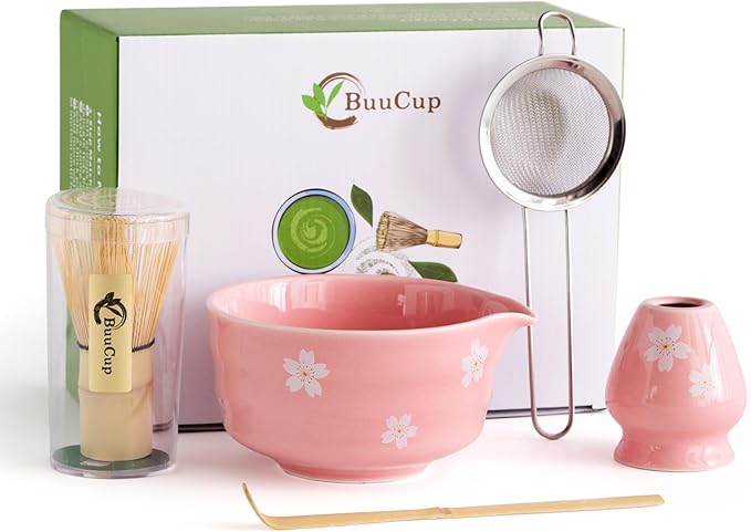 Matcha Whisk Set, Matcha Bowl with Spout, Matcha Whisk and Holder, Bamboo Matcha Scoop and Stainless Sifter，Ceramic Matcha Bowl Set (Pink)
