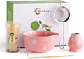 Matcha Whisk Set, Matcha Bowl with Spout, Matcha Whisk and Holder, Bamboo Matcha Scoop and Stainless Sifter，Ceramic Matcha Bowl Set (Pink)