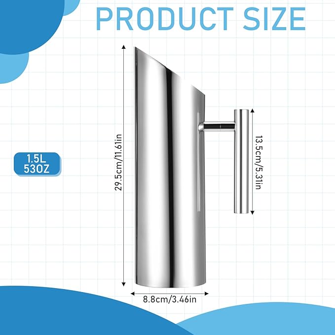 53oz/1.5L Stainless Steel Water Pitcher Metal Pitcher with Ice Guard Silver Carafe Drink Pitcher with Handle for Juice, Coffee, Milk, Iced/Hot Tea