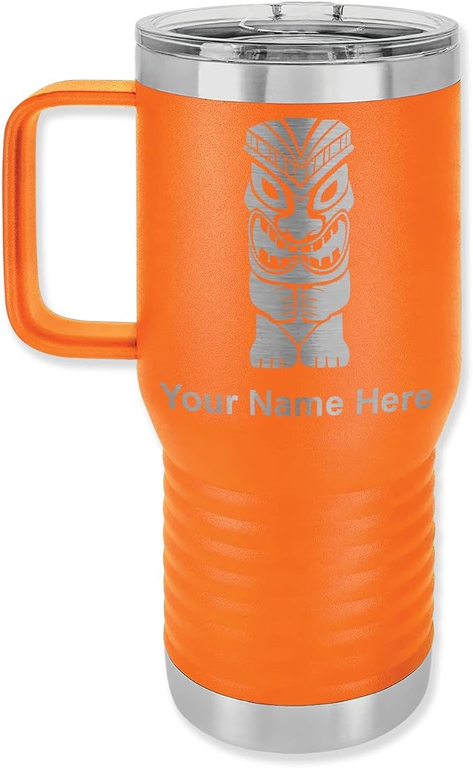 LaserGram 20oz Vacuum Insulated Travel Mug with Handle, Tiki Statue, Personalized Engraving Included (Orange)