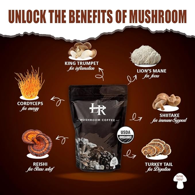 Luxuriaz Organic Mushroom Coffee Instant Powder, Lion's Mane for Focus & Brain Health, 6 Adaptogens (Cordyceps, Reishi, Turkey Tail), Coffee Alternative, Keto, Vegan, 30 Servings