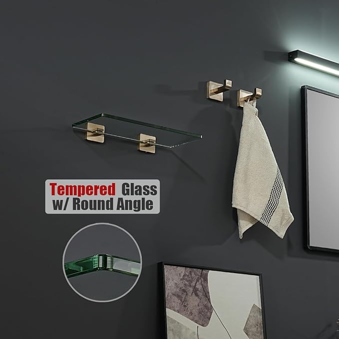 JQK Bathroom Glass Shelf, Tempered Glass Shower Storage 12 by 5 inches, 304 Stainless Steel Champagne Bronze Wall Mount, TGS201L12-CB
