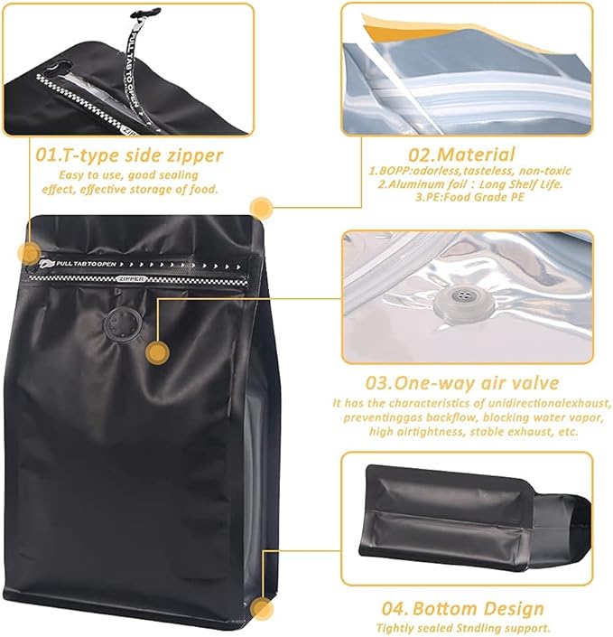 REMTAP Coffee Bags with Valve(50pcs,8 oz,1/2 lb) Black High Barrier Aluminumed Foil Flat Bottom Standing Coffee Beans Storage Bags,Reusable Heat Sealable Side Zipper Pouches for Home or Store