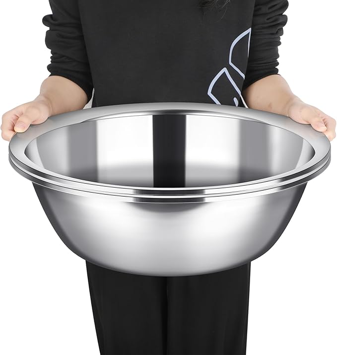 Nuogo 2 Pack 17 Quart Large Mixing Bowl Oversized All Purpose Stainless Steel Mixing Bowl Metallic Flat Base for Home Commercial Prepping Baking Marinating Cooking Brining