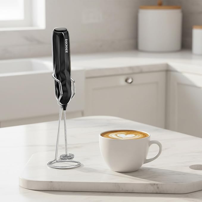RAYONNER Milk Frother Handheld Fast Powerful Drink Mixer with Stainless Steel Whisk for Coffee, Battery Operated (Black with Stand)