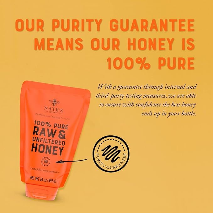 Nate's 100% Pure, Raw & Unfiltered Honey, No-Drip Sustainable Squeeze Pouch; Purity Guarantee, No Additives, 14 Ounce