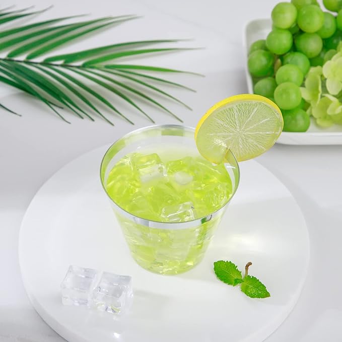 WELLIFE 120PCS Silver Disposable Plastic Cups,9 oz Clear Plastic Cups,Disposable Wine Glasses for Party and Christmas