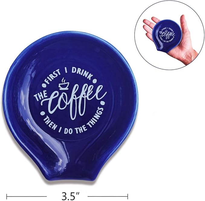 Funny Coffee Quote First I Drink The Coffee Then I Do The Things Ceramic Spoon Holder-Navy Blue Coffee Spoon Rest -Cafe Station Bar Accessories