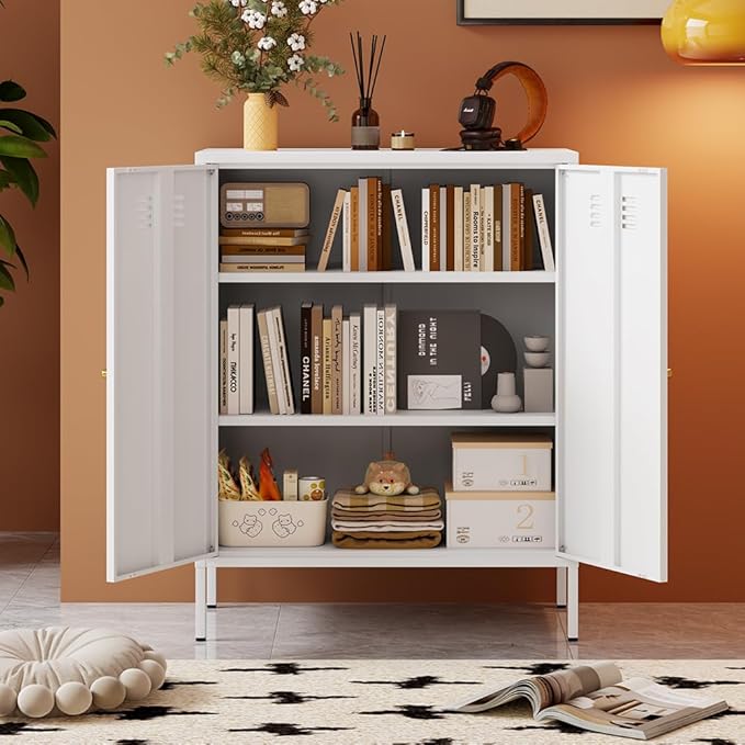 White Metal Storage Cabinet, Kitchen Cupboard with Adjustable Shelves, Side Table Storage with Doors,2 Door Locker Cabinets for Small Home,Office,Kitchen,Dining Room