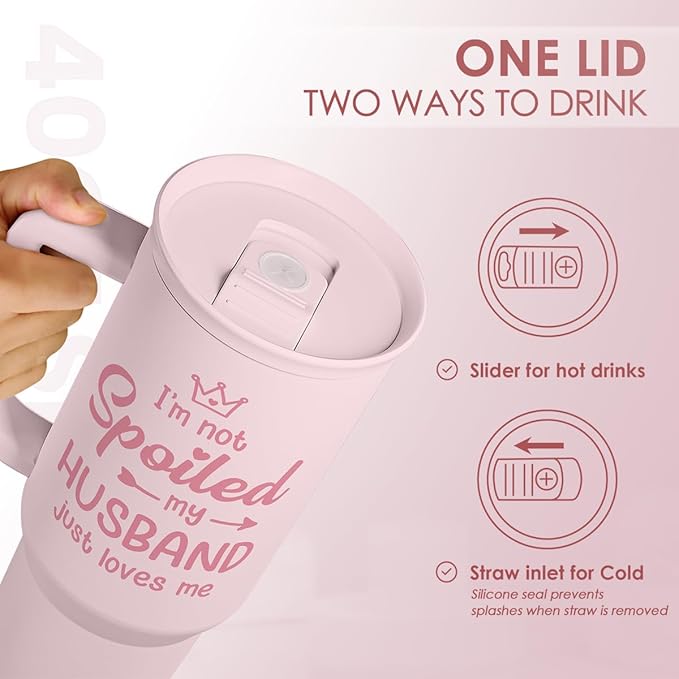 Gift for Wife from Husband, Funny Insulated Stainless Steel Tumbler 40oz with Handle and Straw - Travel Coffee Mug Gift for Wifey on Wedding Anniversary Christmas Birthday Valentine