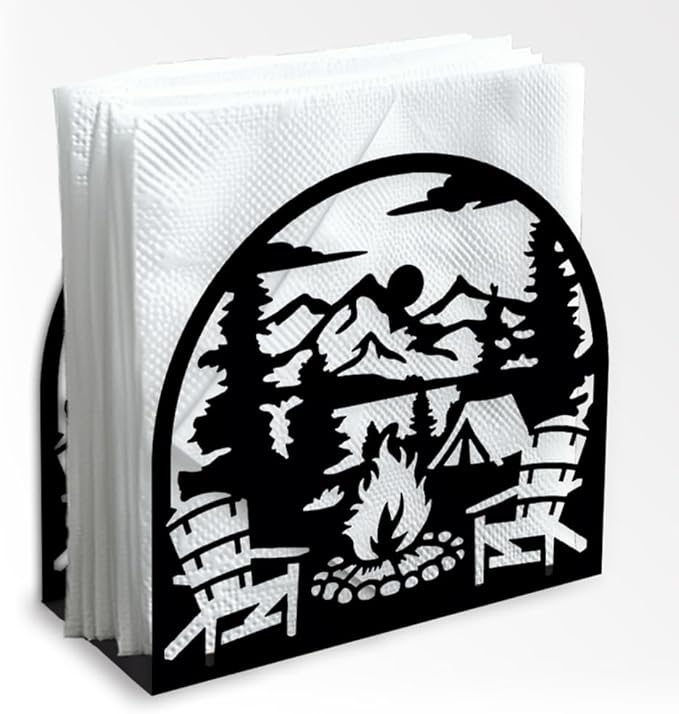 Camping Bonfire Outdoors Decorative Black Metal Napkin Holder for Table, 5.3" x 4.9" x 1.9" Mountain Standing Napkin Holder for Home Kitchen Restaurant Picnic Party Coffee Bar Dining Room
