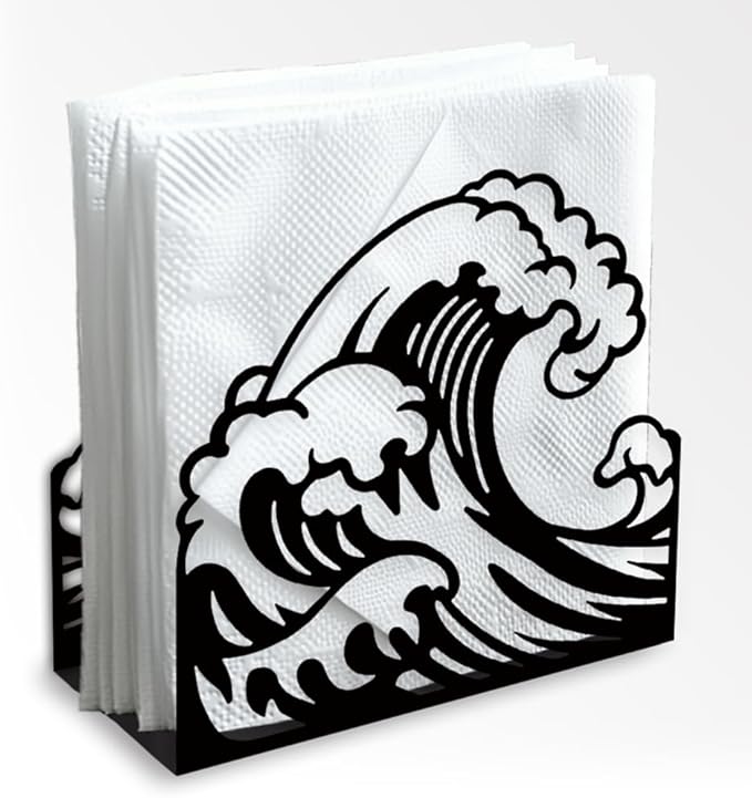 Ocean Waves Decorative Black Metal Napkin Holder for Table, 5.3" x 4.9" x 1.9" Sea Waves Standing Napkin Holder for Home Kitchen Restaurant Picnic Party Coffee Bar Dining Room