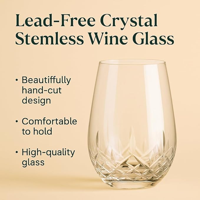 SHOSHIN - Hand Cut Stemless Wine Glass Set of 4, Large 18 oz Crystal Glass, Wine Tumblers for Red and White Wine, Water Glasses, Drinking Glasses