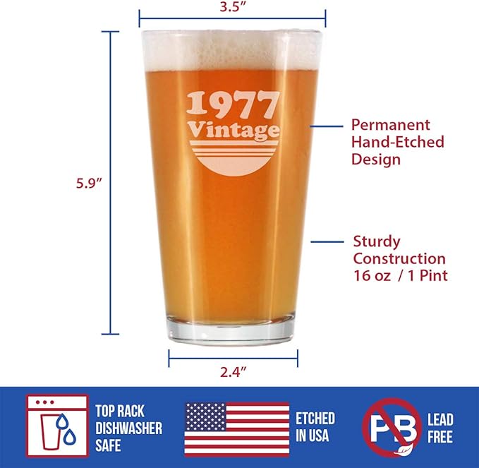 Vintage 1977 Pint Glass for Beer - 48th Birthday Gifts for Men or Women Turning 48 - Fun Bday Party Decor - 16 oz