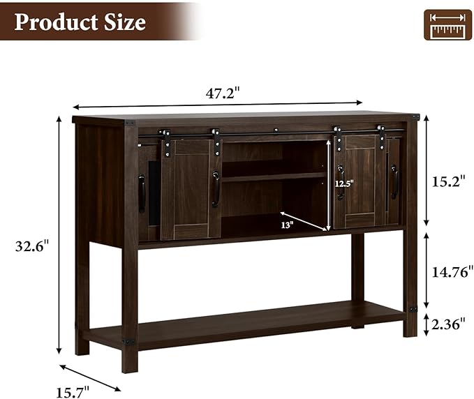4ever2buy Farmhouse Coffee Bar Cabinet with Storage, 47'' Coffee Bar Table with Sliding Barn Door, Buffet Cabinet with Metal Mesh Doors, Console Table with Bottom Open Shelf, Brown