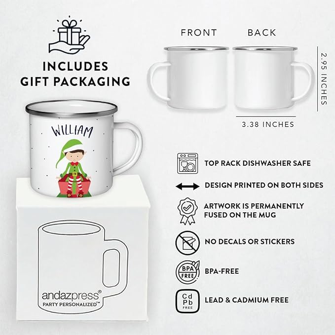 Andaz Press Personalized Name 11oz Kids Christmas Hot Chocolate Stainless Steel Campfire Coffee Mug, Green Boy Xmas Elf Seated, 1-Pack, Custom Birthday Xmas Cup